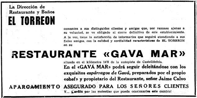 Anuncio del cierro definitivo del primer Restaurante El Torren cuyo servicio sergua ofrecindose en el Restaurante Gavamar de Gav Mar, publicado en el diario LA VANGUARDIA (2 de Junio de 1966)